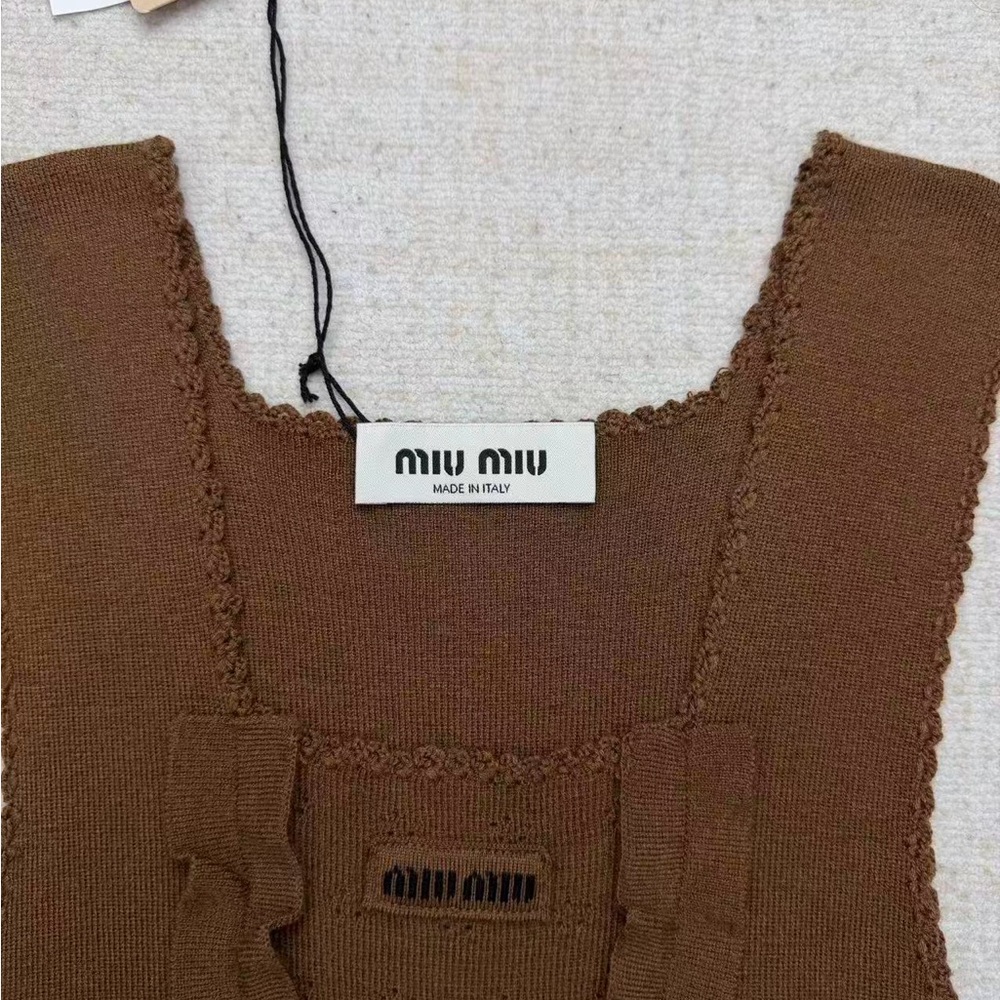Miu Miu Chest-Ruffle Knit Tank in Warm Brown - Picture 7 of 8